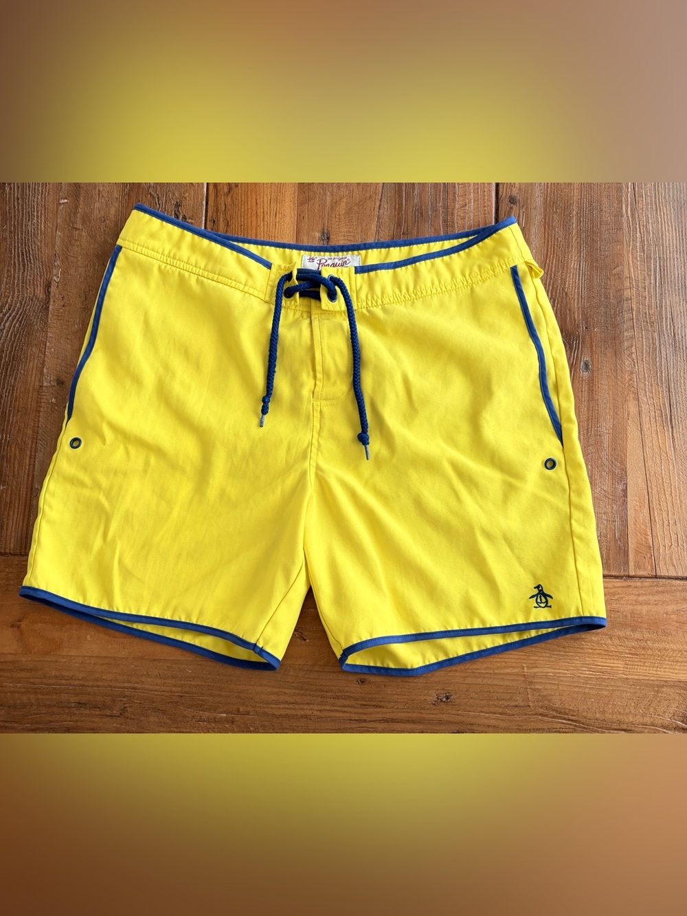 Original Penguin Yellow Swim Board Shorts with Blue Trim